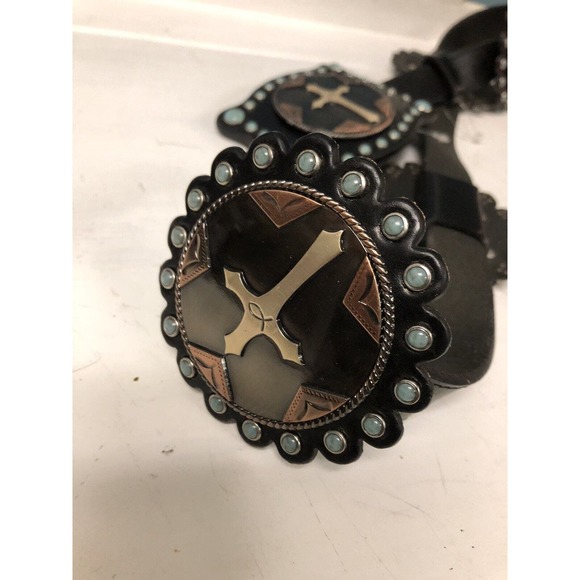 3D LEATHER BELT Cross MEDALLIONS Women’s Size L Large 34-39” Cats Eye Stones New main image 5